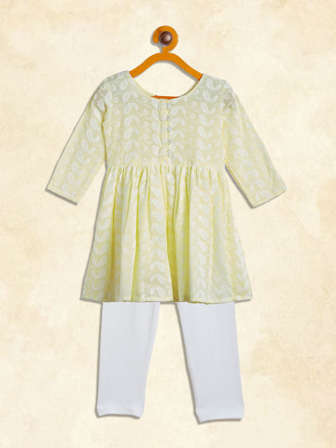 Vastramay SISHU Girl's Yellow And White Chikankari Kurta Leggings Set